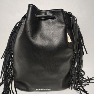 Victoria Secret Backpack Black Faux Leather Drawstring Bucket Bag Fringe Purse